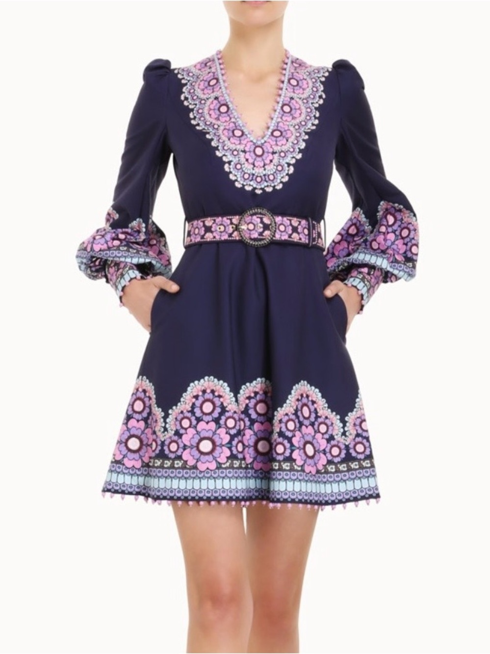 Zimmermann Purple Floral Long Sleeve Mini Dress with Belt